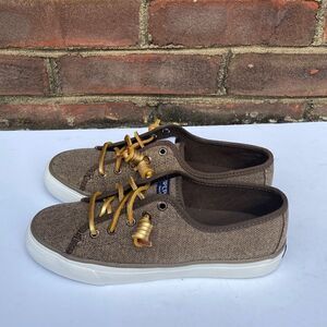 Sperry Top Sider Taupe & Gold Sparkle Seacoast Canvas Sneakers Size 5.5 NEW